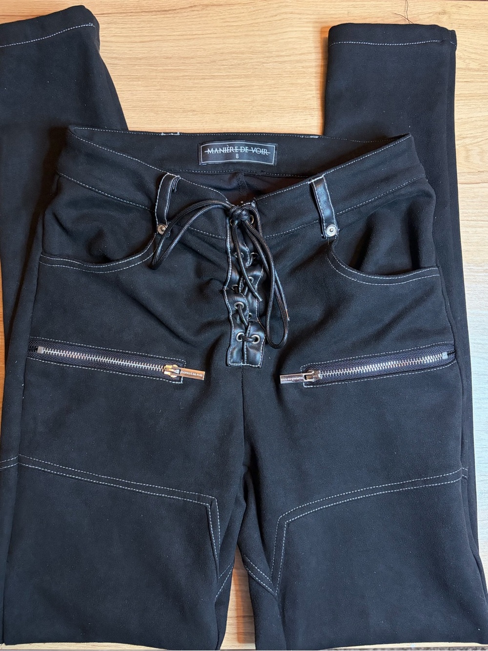 Maniere De Voir Black Lace-Up Zipper Detail Pants UK 8